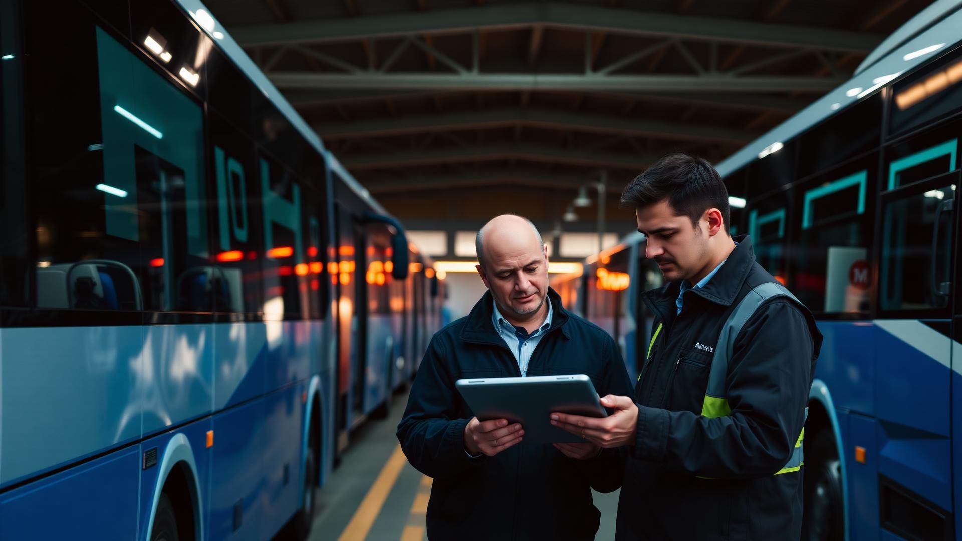 Conducteur et responsable d’exploitation échangeant sur une tablette dans un dépôt de bus